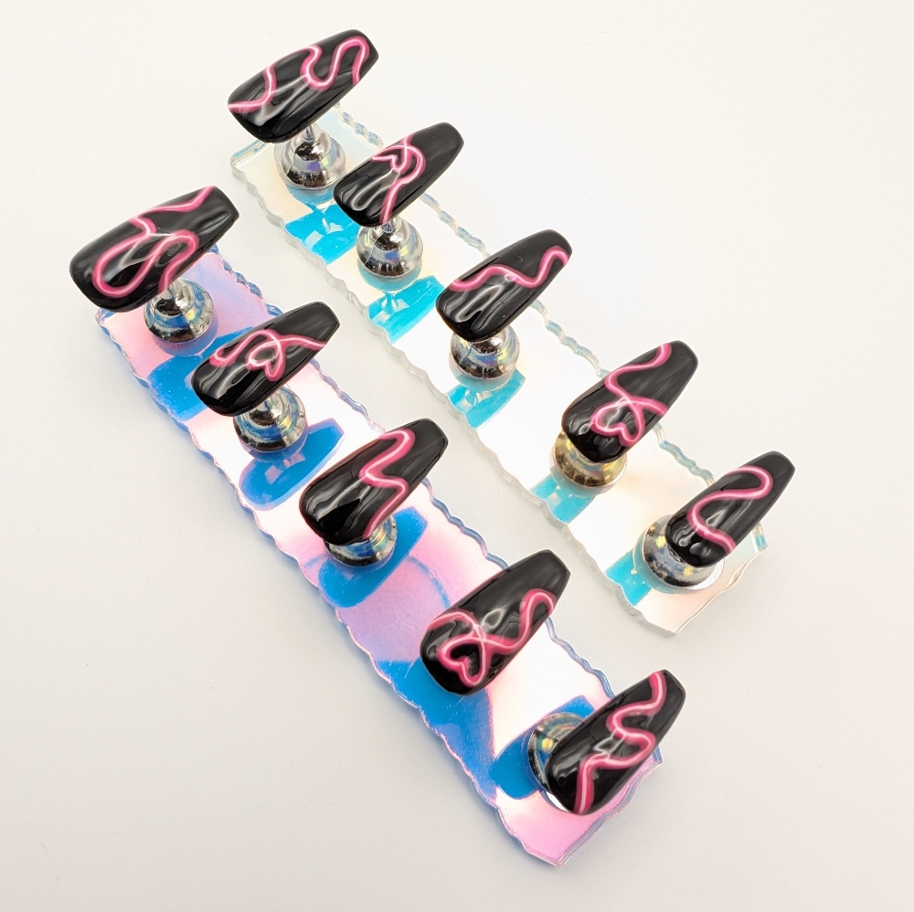 Handcrafted Neon Hearts Black And Pink Med. Coffin    Press-On Nails Handmade
